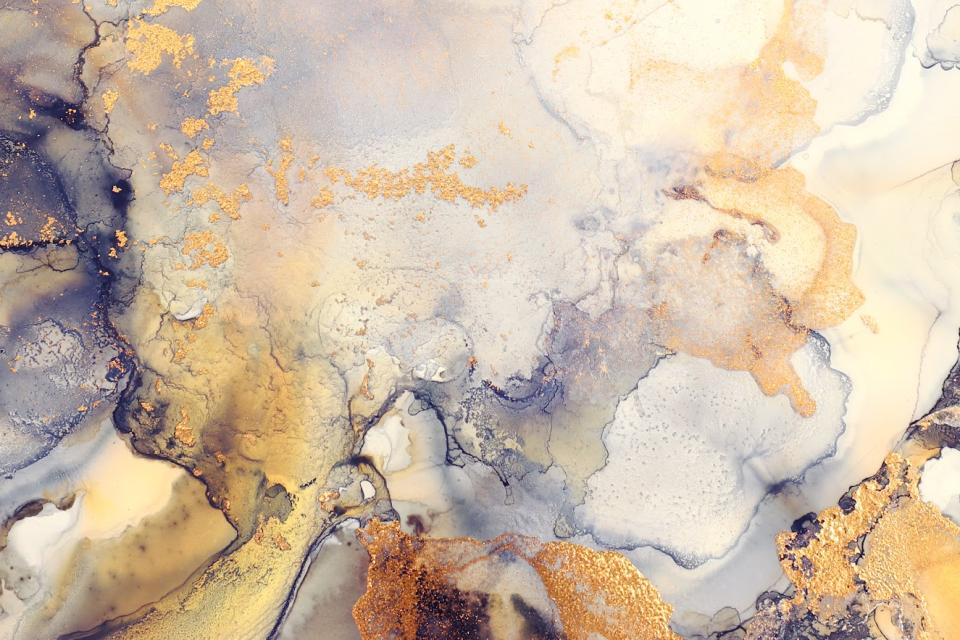 The image number is AdobeStock_411889528 and its description on the Adobe Stock website is "art photography of abstract fluid art painting with alcohol ink, black, gray and gold colors.”